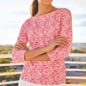J. McLaughlin Wavesong Top M Coral White Plumage Geo Catalina Cloth 3/4 Sleeve